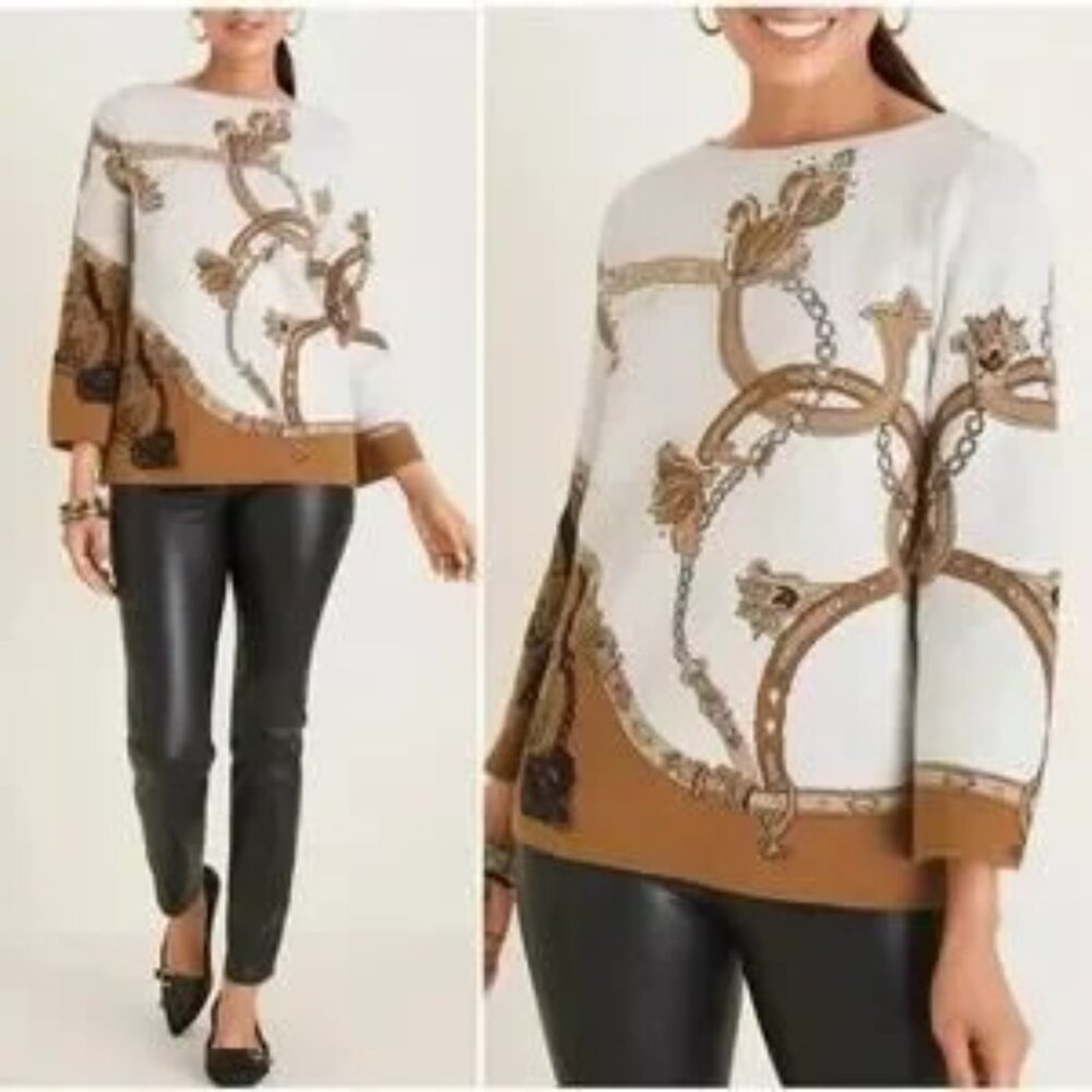 NWT Chico’s Jacquard Bateau Neck Equestrian Luxury Chain Sweater 0P